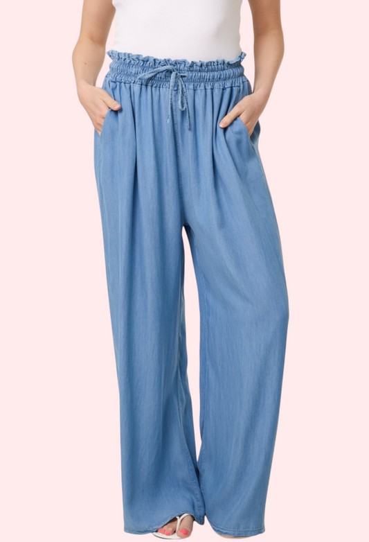 Drawstring chambray style trousers