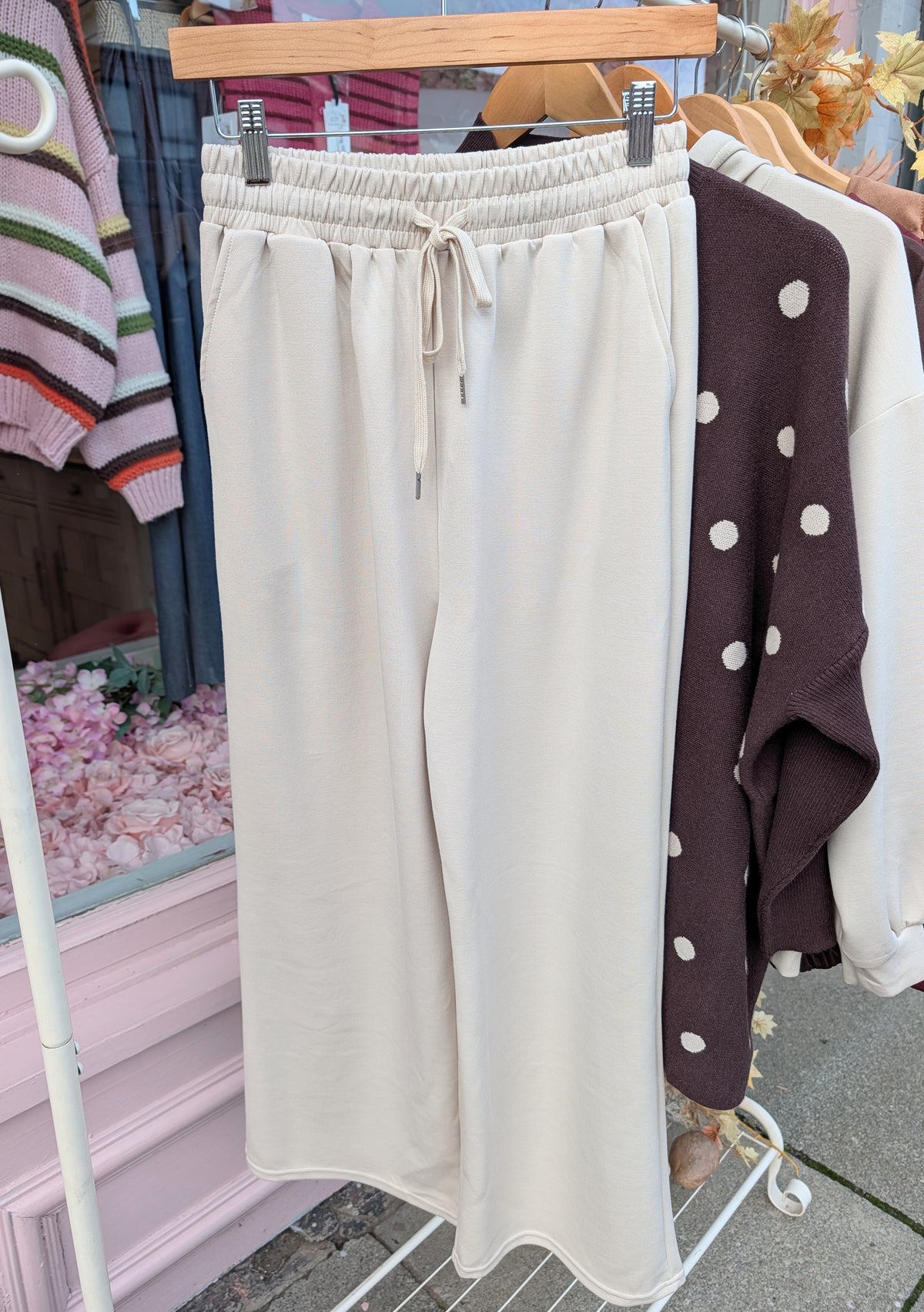 Beige wide leg trousers