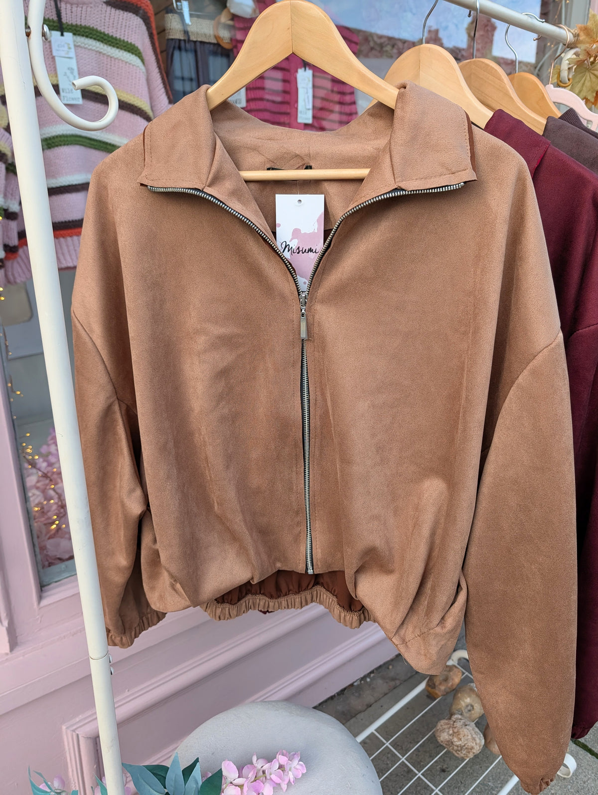 Puff ball faux suede jacket